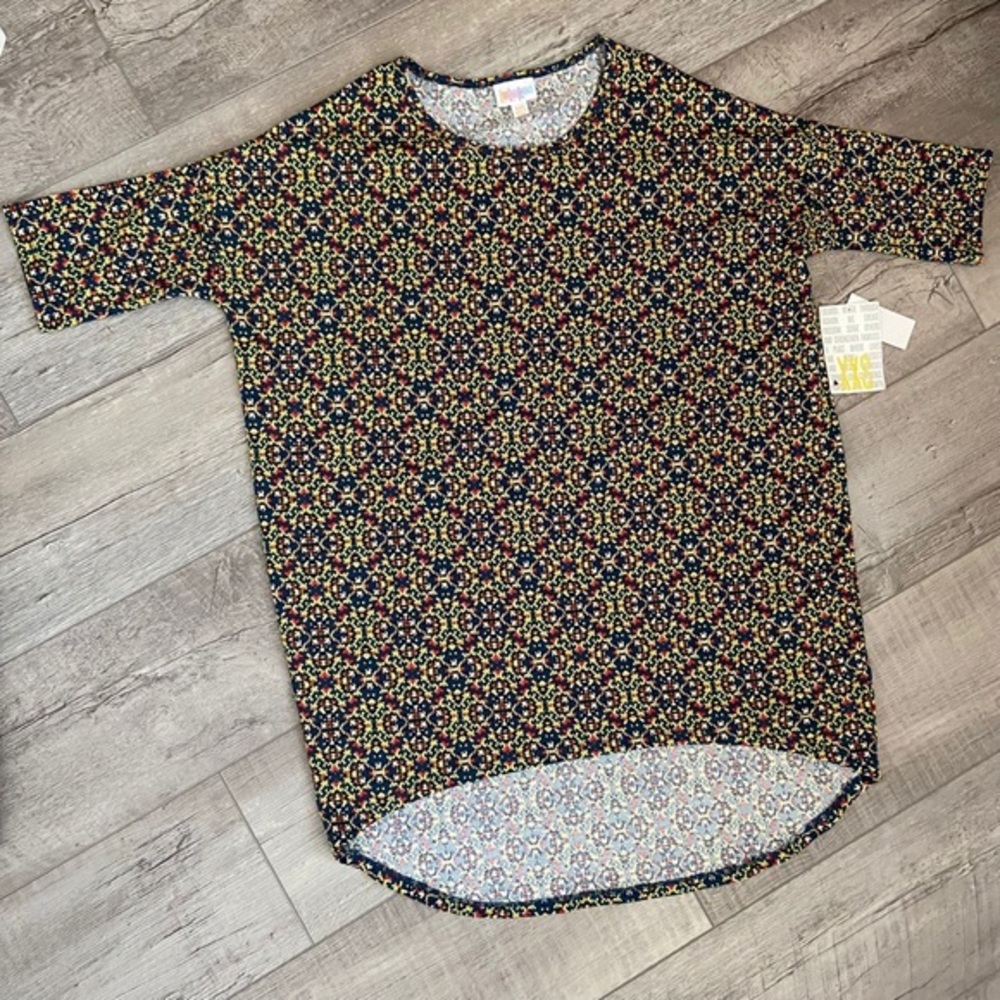 Lularoe XXS Irma Tunic Dark Teal Background Geometric Pattern Top NWT‎